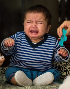 A very upset little baby, perhaps 9 months old, sitting up crying with hands up at his sides, an adult is holding a rattle out for him.
